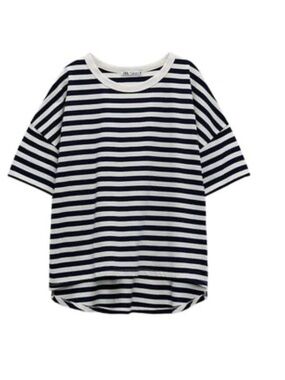 Zara Navy & White Striped Crewneck Tee